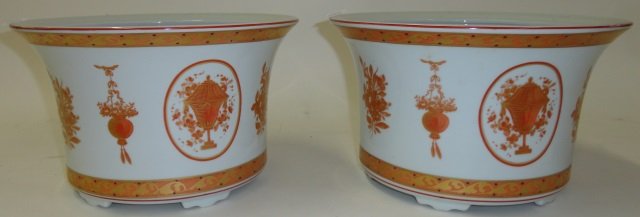 *PAIR OF MOTTAHEDEH JARDINIERES: Wirth rust floral decoration, approximate height 6 1/2".