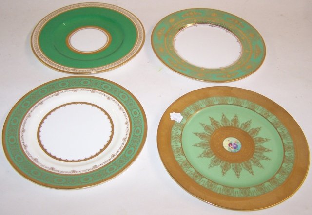 *4 SERVICE PLATES: Green and gilt decoration, 3 Mintons and 1 Fursterburg.