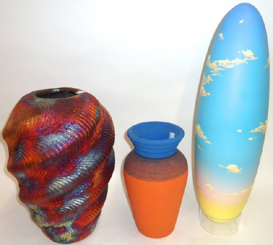 3 PIECES OF ART POTTERY: 2 vases, 1 orange and blue, approximate height 10 1/2", the other multicolor, height 14", and a elongated egg form sculpture by Don Jones depicting clouds in sky, approximate height 21".