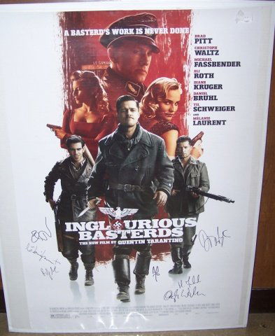 *AUTOGRAPHED "INGLORIOUS BASTARDS" MOVIE POSTER: Signed by Brad Pitt, Christoph Waltz, Michael Fassbender, Eli Roth, Diane Kruger, Daniel Bruhl, Til Schweiger and Melanie Laurent, (originally sold for charity organization Clothes Off Our Back).