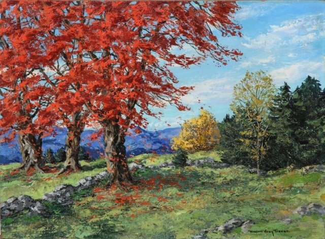 TRAVER, MARION: (Born 1896, American) "Red Maples", unframed oil on artist board, signed lower right, titled on verso, approximate image size 12" x 16".