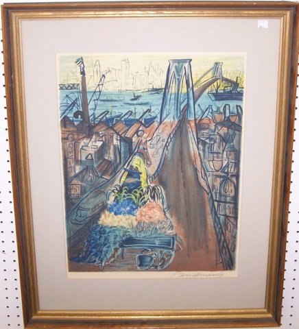 *BEMELMANS, LUDWIG: (1898-1962) Harbor scene, framed colored lithograph, signed in pencil lower right corner, approximate image size 21" x 16", frame 31" x 25".