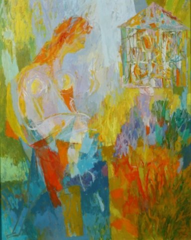 MOY, SEONG: (Born 1921 Asian/American) Abstract Impressionist interior scene with seated woman and birds, framed oil on canvas, signed lower right, approximate image size 50" x 40", frame size 53" x 43". CONDITIO