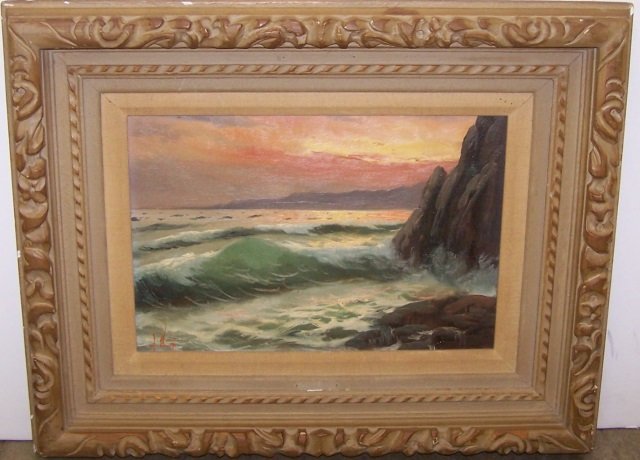UNKNOWN ARTIST: (20th C. European) Coastal scene at sunset, framed oil on canvas mounted to cardboard, signed indistinctly lower left, approximate image size 11" x 15 3/4", frame size 20" x 25". CONDITION: Good, fram