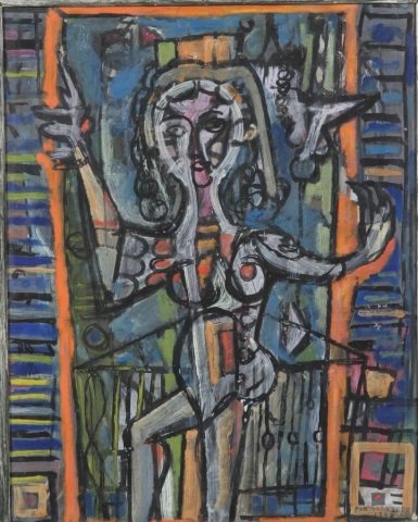 *PORTOCARRERO, RENE: (1912-1986 Cuban) Abstracted nude woman, framed oil and gouache on paper, signed and dated 1948 in lower right corner, unmatted and directly against glass, approximate image size 28 3/4" x 22 3/4", fr