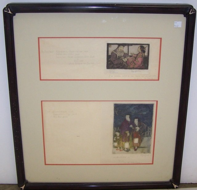 *LORD, ELYSE: (1900-1971 English) 2 framed handcolored etchings mounted to backing paper housed in 1 frame, "The Complaint", 1 of 10 trial proofs aside from total edition of 50 impressions, signed in pencil lower r