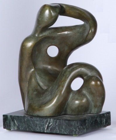 *PORRET, JEAN JACQUES: Bronze sculpture, contemporary figure "Tendresse", with green patina, signed on back Porret, numbered 1/6 and dated 5-86, on marble swivel base, approximate height with base is 12 3/4", width 9 1/2", 