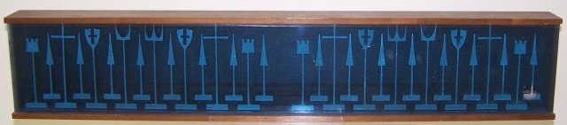 *AUSTIN ENERPRISES MODERNIST CHESS SET: Extruded aluminum chess set in walnut box, with clear blue plexiglass sliding door, chess pieces stamped on bottom, reading 1962 Austin Enterprises, tallest piece 4 15/16", approximate length of box 3