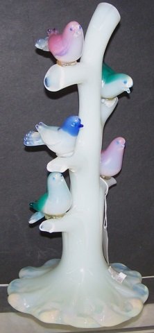 *UNSIGNED SABINO ART GLASS FIGURAL GROUPING: Depicting 5 colorful birds in a tree, approximate height 14".