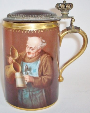 *ROYAL VIENNA PORTRAIT STEIN: Exterior of mug and top decorated with monks drinking beer, underside of top decorated with portrait of beauty, marked on underside with Vienna mark.