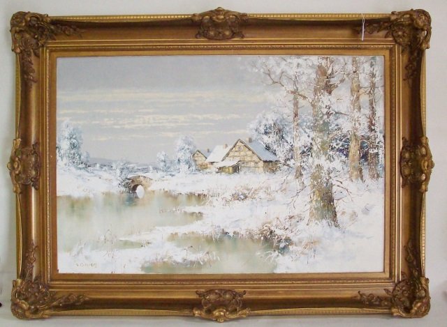 BAUER, WILLI: (Born 1928 German) Impressionist winter landscape with cottages, framed oil on canvas, signed lower left, approximate image size 24" x 36", frame 33" x 45".