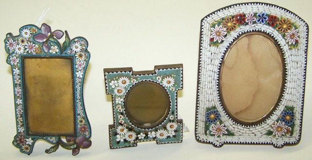 *3 ANTIQUE MICRO MOSAIC PICTURE FRAMES: With floral decoration, approximate height 3", 4 1/2", and 5".