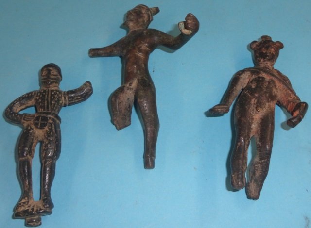 *3 ANTIQUE BRONZE SCULPTURES: Figure in armor, semi-nude male, and nude male, approximate height 3 3/4"- 4 1/2".