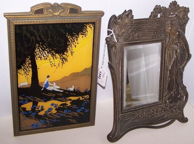 *2 PIECES: Gilt framed Maxfield Parrish style print, and Art Nouveau style bronze wall mirror decorated with flowering branches and beauty, approximate height 11 1/2", width 11 3/4" x 8 1/2".