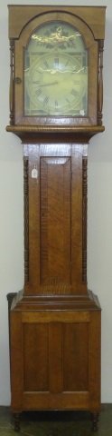 *EARLY 19TH C. ENGLISH LONG CASE CLOCK: Having painted metal dial and Roman numeral markers, enclosed in maple case, having flat molded cornice, approximate height 7'7", width 1'7 3/4", depth 11 1/2".