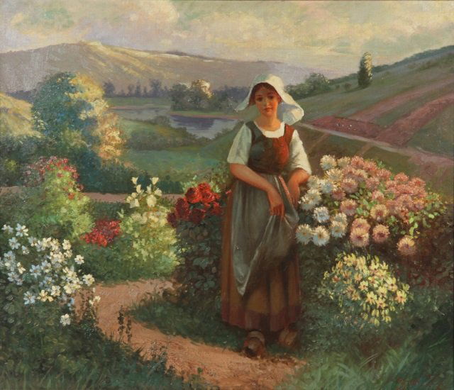 *TOMANEK, JOSEPH: (1889-1974 American) European landscape with figure, framed oil on canvas, signed lower right, approximate image size 30" x 35", frame 37" x 42".