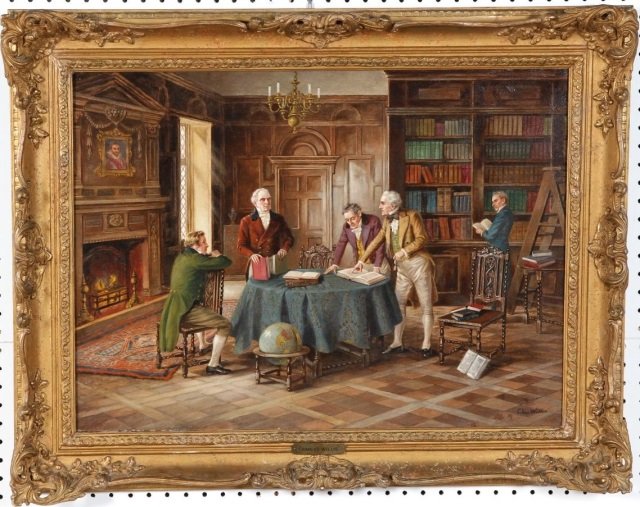*WILLIS, CHARLES: (20th C. English) Figures in an interior, framed oil on canvas, signed lower right, approximate image size 20" x 27", frame size 26" x 33".