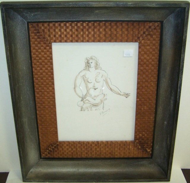 *AFTER GEORGES BRAQUE: Torso figure, framed ink with watercolor, approximate size by sight 11" x 8", frame 18" x 16".