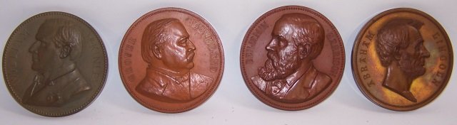 *4 BRONZED PEACE MEDALS: Lincoln, Harrison, Cleveland, and McKinley, approximate diameter 3".
