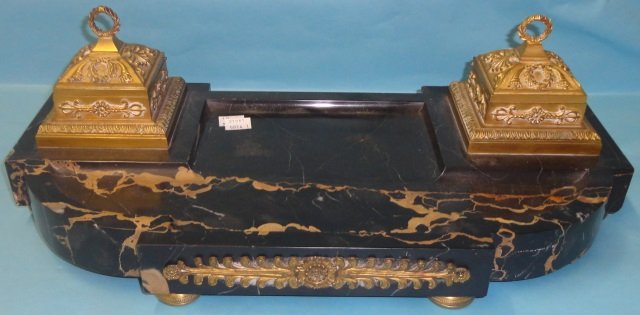 *MARBLE AND BRONZE DESK TRAY: With 2 inkwells, having wreath form finials, approximate width 18".