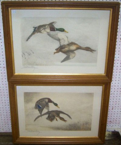 *DANCHIN, LEON: 2 framed colored etchings, ducks landing and wild ducks, both signed in pencil lower left, approximate frame size 24" x 32".