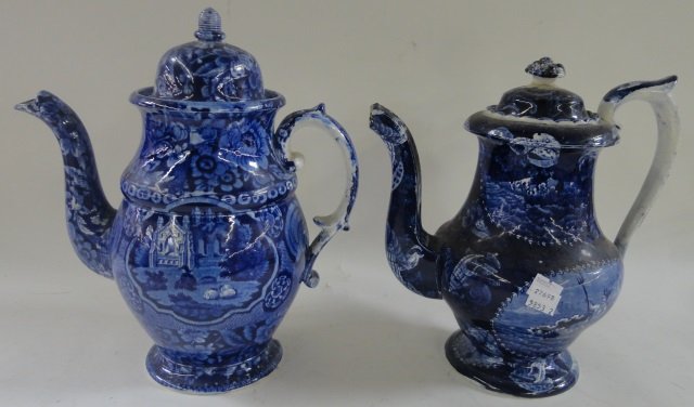 *2 PIECES: 19th C. flow blue coffee server decorated with shepherd and foliage, approximate height 11 3/4", 1 decorated with Neptune, height 10 1/2".