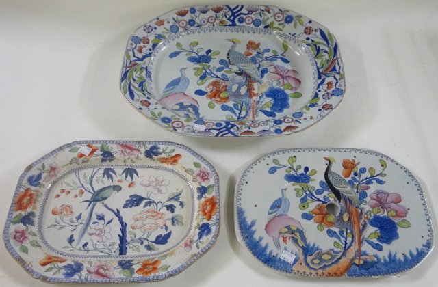 *3 PIECES OF 19TH C. IRONSTONE: Octagonal tray and meat platter having rectangular shape with canted corners, complete with drain dish decorated with exotic birds and flora.