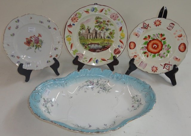 *4 PIECES OF 19TH & 20TH C. PORCELAIN: Oval bowl marked "Dresden", approximate width 13", Schlaggenwald plate with floral decoration, diameter 7", dish with scalloped border, stylized flowers, and Masonic symbols, diameter 7 1/4", and dish