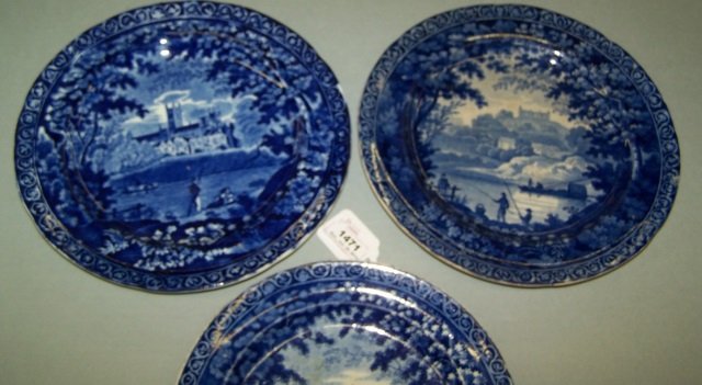 *3 PIECES OF 19TH C. FLOW BLUE: Staffordshire Clews fisherman at riverside.