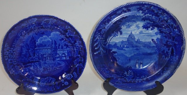 *2 PIECES OF 19TH C. FLOW BLUE: Shallow bowl with impressed mark wood, "Italian scenery, St. Peters, Rome", approximate diameter 10", and Burslem plate marked on underside "Moulin Sur La Marne A Charenton", diameter 9".