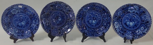 *5 19TH C. FLOW BLUE PLATES: Decorated with flora and fruit, approximate diameter 9 3/4".