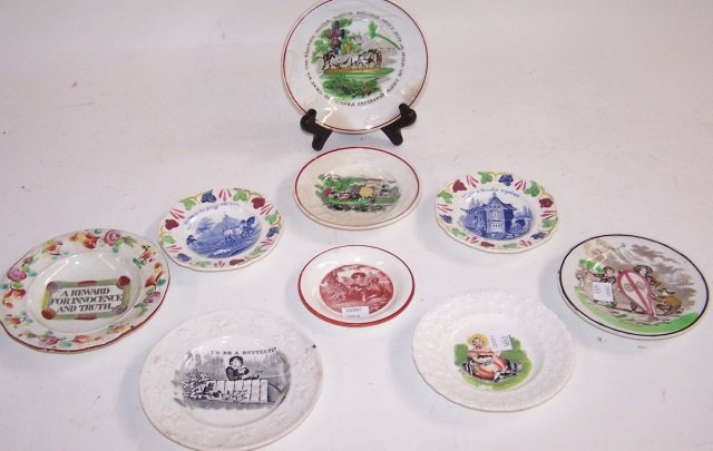 *9 19TH C. SAUCERS: "A Reward for Innocence and Truth", "He that Buy the Plough Would Thrive Himself Must Either Hold or Dry", "I'd be a Butterfly", "Diligence is the Mother of Good Luck, Drive Thy Business, Let Not Thy 