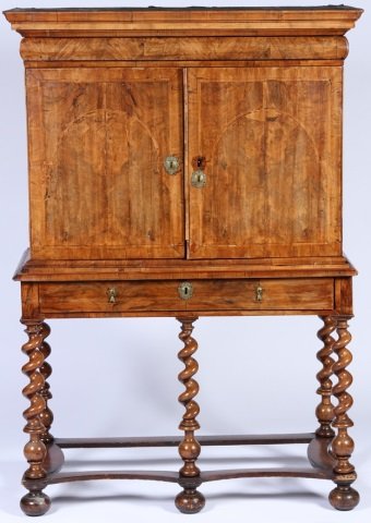 *18TH C. ENGLISH WILLIAM AND MARY STYLE CHEST: On stand, upper section having flat molded cornice over double doors with inlaid decoration, the lower section fitted with single drawer and raised on spiral turn supports, approximate height 62", wid