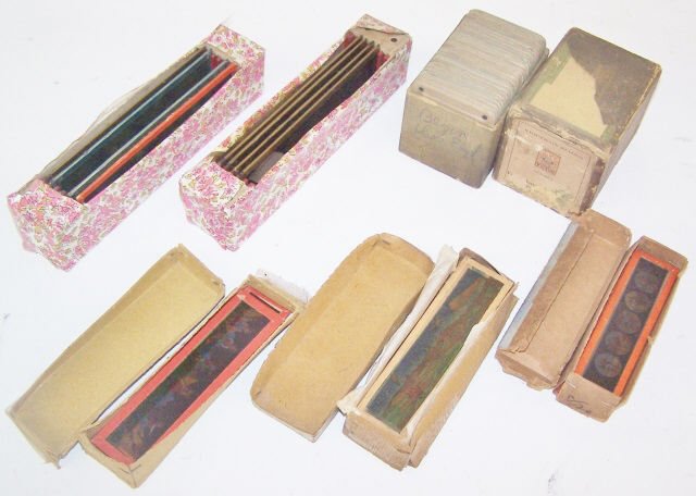 *6 GROUPS OF MAGIC LANTERN SLIDES: Various sizes and subjects, in original boxes.