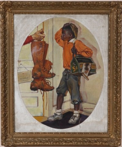 KRIMSTON, IN THE MANNER OF NORMAN ROCKWELL: (20th C. American) Shoeshine boy, framed oil on canvas later mounted to particle board, signed lower right, originally displayed in oval frame, approximate image size 29" x 23", frame 36" x 30".