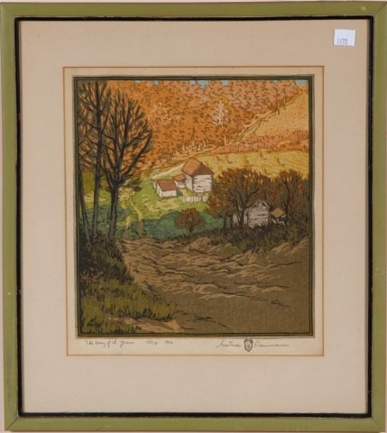 *BAUMANN, GUSTAVE: (1881-1971 American) "The Wayful Years", framed colored woodblock, signed lower right and numbered from edition of 50 impressions lower left, approximate block size 10 1/2" x 9 1/2", 1/2" visible marg