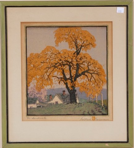 *BAUMANN, GUSTAVE: (1881-1971 American) "The Landmark", framed colored woodblock, signed lower right, approximate impression size 10 3/4" x 9 1/2", frame 17 1/2" x 15 1/2".