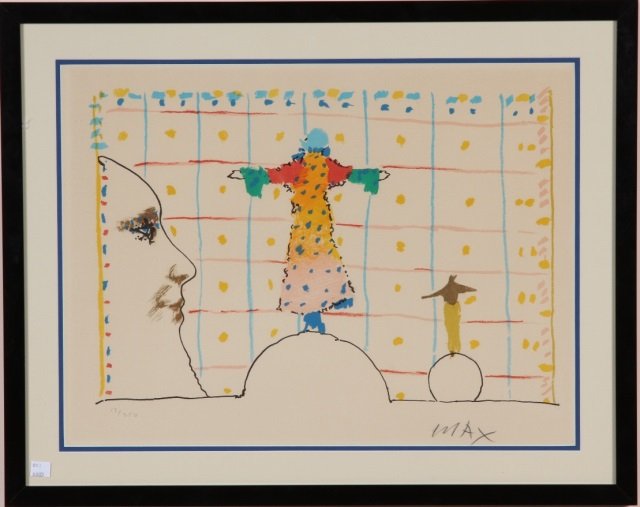 *MAX, PETER: (Born 1937 American) Abstract, framed colored lithograph, signed in pencil lower left and numbered from edition of 250 impressions lower left, has printer's seal embossed lower left, approximate image