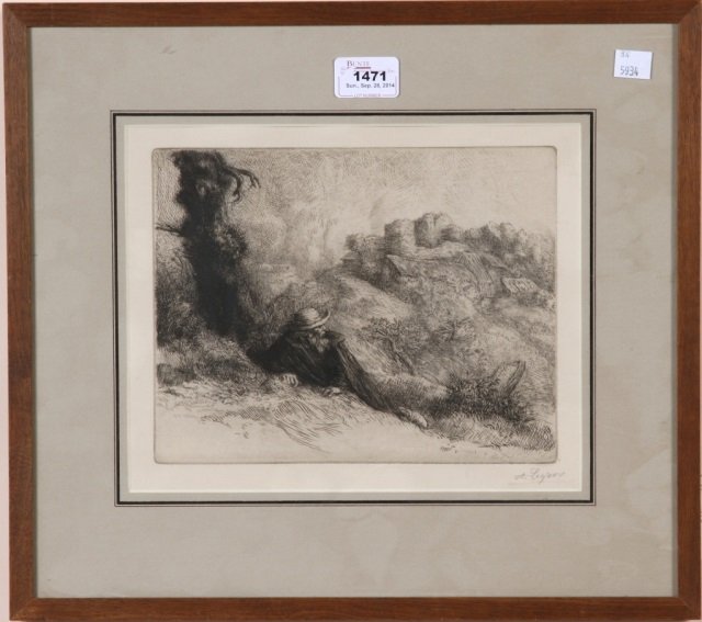 LEGROS, ALPHONSE: (1837-1911 French) Figure on hillside, framed etching, signed in pencil lower right margin, approximate plate size 7 3/8" x 9 1/2", frame 14 1/2" x 16".