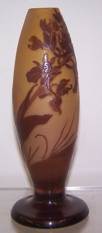 *GALLE CAMEO GLASS BUD VASE: Having cut floral decoration, maroon rust to frosted cream, signed "Galle", approximate height 7".