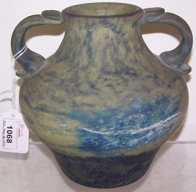 *DAUM ART GLASS 2-HANDLED VASE: Approximate height 7".