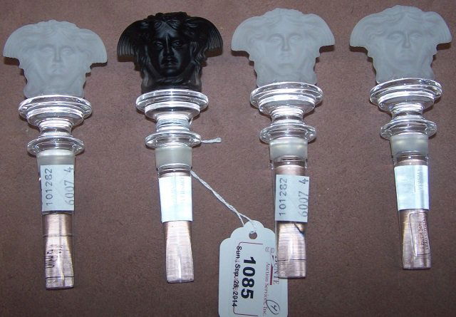 *4 VERSACE-ROSENTHAL CRYSTAL STOPPERS: Having clear glass with frosted glass double sided masks, with original boxes.