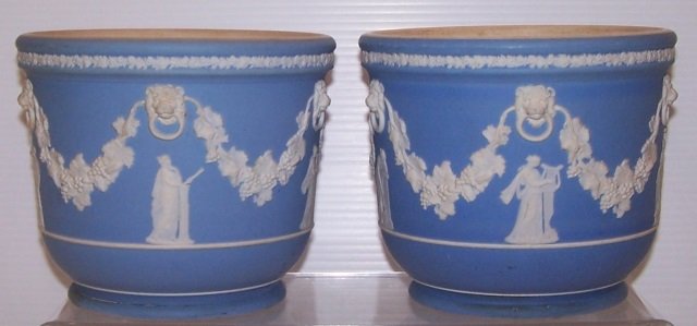 *PAIR OF WEDGWOOD JASPERWARE CACHE POTS: Decorated with classical figures and grape clusters, approximate height 51 1/2".