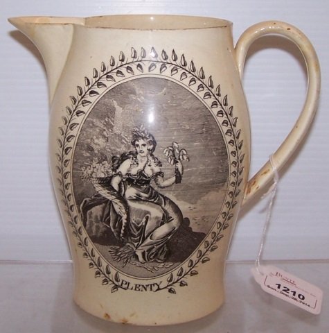 *LIVERPOOL PITCHER: With allegorical scenes of Faith and Plenty, approximate height 7".