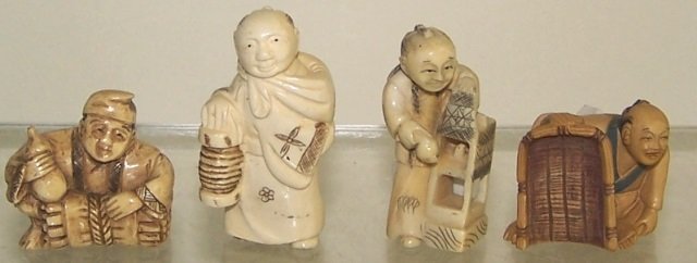 4 IVORY NETSUKES: Elder with bird cage, gentleman with lantern, gentleman with bottle, etc., signed, Note: Items containing ivory will only be shipped domestically and cannot be shipped to California.