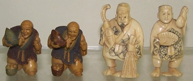 4 CARVED IVORY NETSUKES: Gentleman with fan, seated gentleman with rooster, etc., signed, approximate height of tallest 2 1/4". Note: Items containing ivory will only be shipped domestically and cannot be shipped to Californi