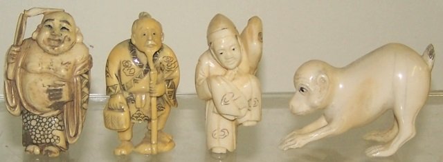 4 CARVED IVORY PIECES: 3 netsukes, gentleman with staff, woman in kimono and man with fan, and a monkey, approximate height of tallest 2". Note: Items containing ivory will only be shipped domestically and cannot be shipped