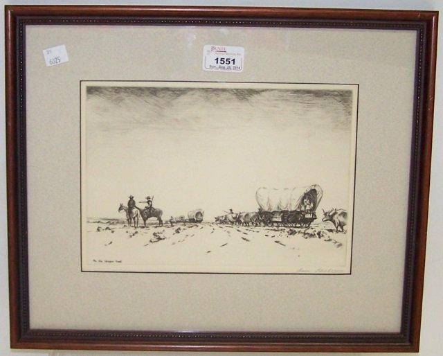 *KLEIBER, HANS: (1887-1967 American) "On the Oregon Trail", framed etching, signed lower right, approximate plate size by sight 7" x 10", frame 13" x 16".