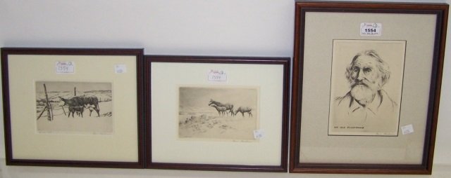 *KLEIBER, HANS: (1887-1967 American) 3 framed etchings, "The Wire Gate", "An Old Plainsman", "Range Horses", all signed in pencil lower right, approximate plate size of each 4" x 6", frames 9" x 11".