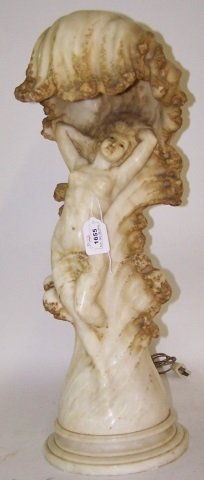 CARVED MARBLE FIGURAL LAMP: Depicting nude female under shell, signed "G. Rossi", approximate height 24".